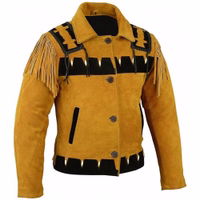 Front view of a Western leather jacket with abundant Indian-style fringe on the shoulders. Features side pockets, button closure, and polyester lining. Made from 100% suede, it blends rugged style with traditional details.
