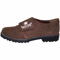 Side view of handmade Trachten Lederhosen shoes with a block heel and round toe cap. Made from 100% suede leather, they feature beautiful embroidery and a durable rubber sole. The normal sole width offers a comfortable fit.