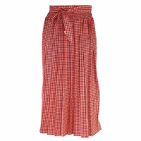 Elegant red-checkered Bavarian long dirndl apron made from soft cotton blend fabric. Features elastic bow for perfect fit. Ideal for Oktoberfest, weddings, and festival wear. Classic Trachten style combining tradition with comfort.