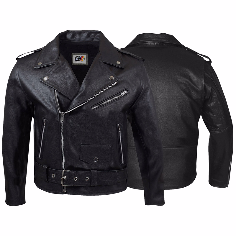 Motorcycle Rockabilly Rocker Chopper Leather Jacket Chopper motorcycle jacket in black front &rear views. The jacket features two Side pockets on the front, and one Chest pocket on the left side closed with zippers also includes Removable quilted inner lining