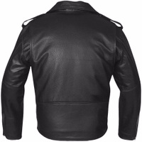 Men's motorcycle jacket in black color, showcasing its rear view design, made of the finest Calfskin. This jacket has a zipper cuff and features complete shoulders, elbow protectors & spandex on the sides