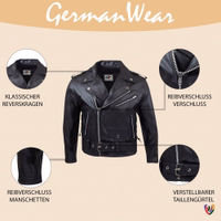 Vorderansicht einer Brando-Lederjacke mit Rocker-Appeal. Aus 100 % Kalbsleder, mit herausnehmbarem Innenfutter, langen Ärmeln, Frontgürtel und Reißverschlusstaschen an Brust und Seiten – stilvoll und praktisch zugleich.