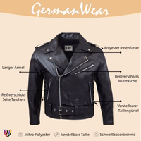 Vorderansicht einer Brando-Lederjacke im Rocker-Stil. Aus 100 % Kalbsleder gefertigt, mit herausnehmbarem Innenfutter, langen Ärmeln, Frontgürtel sowie Reißverschlusstaschen an Brust und Seiten – perfekte Kombination aus Stil und Funktionalität.