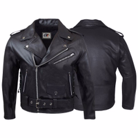Erkunde die elegante schwarze Motorrad-Lederjacke in Vorder- und Rückansicht. Mit seitlicher Schnürung, Frontgürtel und klassischen Revers. Diese Chopper-Jacke aus 100 % Kalbsleder vereint deutsche Premium-Handwerkskunst und zeitlosen Stil.