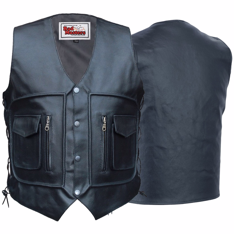 Lederweste Motorradveste Schwarz Vorder- & Rückansicht einer eleganten schwarzen Motorradlederweste. Aus echtem Kalbsleder gefertigt, bietet sie unschlagbare Haltbarkeit & Komfort. Mit großzügigen Taschen & sicherem Karabinerverschluss – ein Muss für jeden Biker.