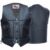 Vorder- & Rückansicht einer eleganten schwarzen Motorradlederweste. Aus echtem Kalbsleder gefertigt, bietet sie unschlagbare Haltbarkeit & Komfort. Mit großzügigen Taschen & sicherem Karabinerverschluss – ein Muss für jeden Biker.