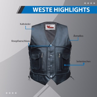 Authentische schwarze Leder-Bikerweste. Sorgfältig gefertigt für maximale Haltbarkeit & Komfort. Mit praktischem Taschenlayout & hochwertigem Kalbsleder ist sie die perfekte Wahl für anspruchsvolle Biker. Kostenlose Lieferung am nächsten Werktag.