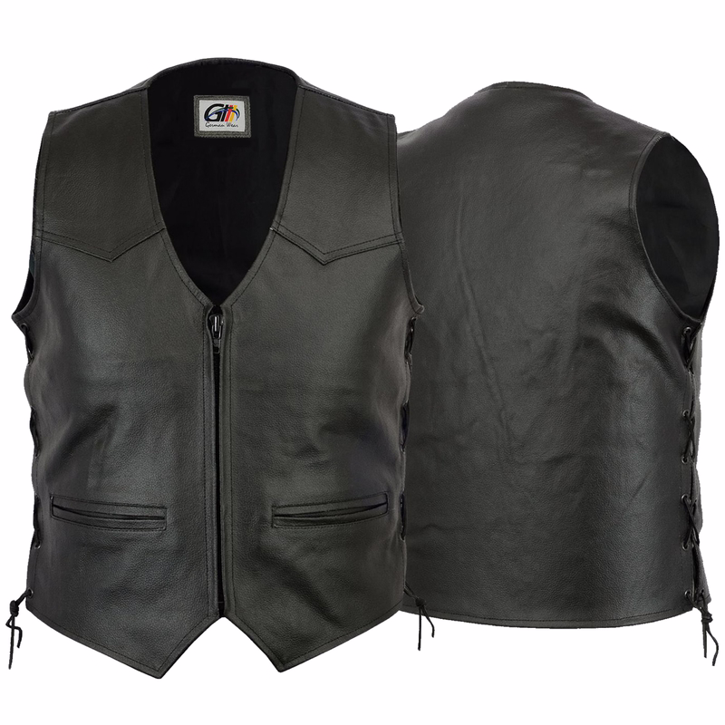 German translation for your text would be: **GermanWear, Biker-Lederweste Motorradweste mit Frontschnürung in Schwarz** Here’s the German translation of your text: **Vorder- und Rückansicht der schwarzen Biker-Lederweste von GermanWear aus echtem Rindsleder. Genieße die Straße mit dem robusten und zugleich weichen Material. Reißverschluss schließen und stilvoll fahren. Näc