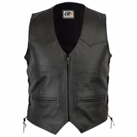 Here’s the German translation:  **Vorderansicht der Weste. Entfessle deinen Biker-Geist mit der glatten Leder-Motorradweste von GermanWear. Die offene Schnürung und das elegante Design strahlen Raffinesse aus. Veredle deine Fahrt mit echtem Rindsleder. #Gl