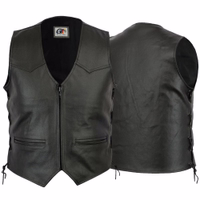 Here’s the German translation of your text:  **Vorder- und Rückansicht der schwarzen Biker-Lederweste von GermanWear aus echtem Rindsleder. Genieße die Straße mit dem robusten und zugleich weichen Material. Reißverschluss schließen und stilvoll fahren. Näc