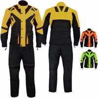 GW300K Men's Motorcycle Suit in yellow, showcasing front and rear views. Engineered with shoulder, elbow, and back protectors for ultimate safety. Its removable lining features 2-in-1 pockets for convenience