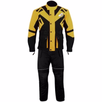 Men's motorcycle suit in yellow presents its front view, marked by numerous protectors &crafted meticulously from Cordura fabric with a Polyester inner lining. It features water-repellent nylon &2 front snap-closed pockets