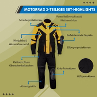 Men's Textile Motorcycle Set in yellow. The suit design features zipper and button closures, along with shoulder, elbow, and back protectors for safety. It includes reflective piping for visibility &a Combi connector for easy attachment to trousers