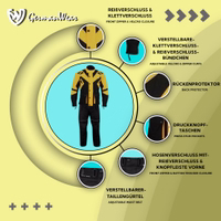 Men’s Textile Motorcycle Set in yellow, designed with zipper and button closures for a secure fit. Includes shoulder, elbow, and back protectors for safety, reflective piping for visibility, and a Combi connector for easy trouser attachment.