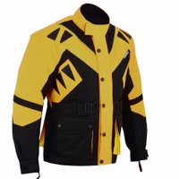 Men’s yellow GW300K motorcycle jacket shows off a sleek side view design. Features zipper and button closures, shoulder, elbow & back protectors, front reflective piping, adjustable collar, 2-piece belt, and removable lining.