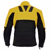 Back view of the men’s yellow GW300K motorcycle jacket highlights its protective design. Includes shoulder, elbow & back protectors, reflective front piping, zipper-button closures, adjustable collar, 2-piece belt & removable lining.