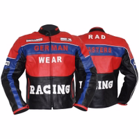 Men's motorcycle jacket in Blue/Red/Black color front & rear views, crafted from cowhide leather, equipped with arms, shoulders, elbow, &back protectors it also features 2 front Pockets closed with hidden Zips.