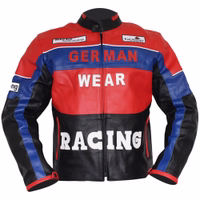 Men's motorcycle jacket in Blue/Red/Black color front view, equipped with arms, shoulders, elbow, and back protectors it also features zipper and velcro closure. Includes velcro fasteners on the neck and bottom of the front-zip