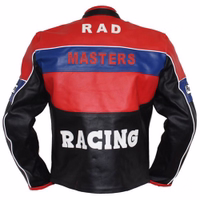 Men's motorcycle jacket in Blue/Red/Black color rearview, The jacket is equipped with Velcro fasteners at the neck &bottom, positioned above the main zipper. Additionally, there is one inside pocket on this jacket. Featured with slide accident resistance