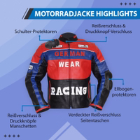 Men's motorcycle jacket in Blue/Red/Black, front-view, along with an adjustable Velcro waist. Features include numerous protectors, racing style, zipper & press studs cuffs, reflective piping, &hidden zipper side pockets