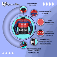 Men's motorcycle jacket in Blue/Red/Black color front view, crafted from cowhide leather with polyester inner lining. The jacket features shoulder, elbow, &back protectors, along with cuffs equipped with zipper and Velcro closures