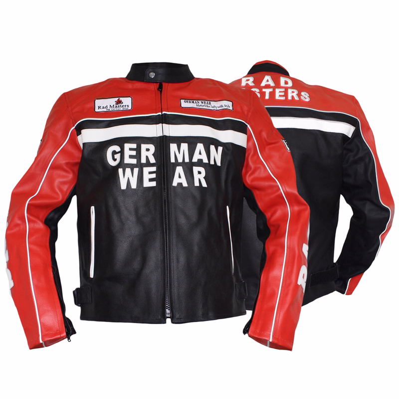 Cowhide Combinable Leather Motorcycle jacket Men's motorcycle jacket GW406J in rot color front & rear views, equipped with arms, shoulders, elbow, & back protectors it also features two front Pockets closed with hidden Zips
