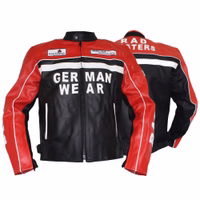 Men's motorcycle jacket GW406J in rot color front & rear views, equipped with arms, shoulders, elbow, & back protectors it also features two front Pockets closed with hidden Zips