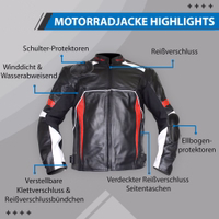 Men's motorcycle jacket in red front view design, equipped with numerous protectors. Also includes an adjustable waist belt, windproof & water-repellent properties, concealed zipper side pockets, & adjustable zipper & Velcro closure on the sleeves