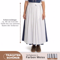 Long white Dirndl apron laid flat, approximately 70 centimeters in length from waist to bottom edge
