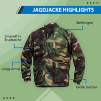 Herren-Hunting-Jacke in Militärgrün, entworfen für Wärme und Langlebigkeit. Mit Stehkragen, eingenähter Brusttasche, robusten Fronttaschen und langen Ärmeln für zusätzlichen Schutz im Gelände.