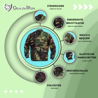 Vielseitige Herren-Hunting-Jacke mit Stehkragen und praktischer eingenähter Brusttasche. Aus 100% Polyester gefertigt, ist die Jacke weich und komfortabel. Mit elastischen Bündchen für festen Sitz und Reißverschluss vorne für einfaches An- und Ausziehen.