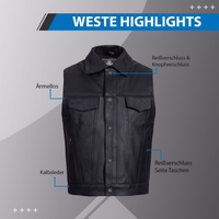 Innenansicht ultimativen Stils und Haltbarkeit mit schwarzer Leder-Motorradweste. Gefertigt aus Spaltkalbsleder, ärmellos mit Reißverschluss- und Knopfverschluss, ausgestattet mit praktischen Reißverschlusstaschen an den Seiten. Fahre selbstbewusst mit #Bi