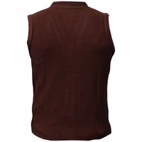 Rückansicht der traditionellen Wollweste in Dunkelbraun – Schlichter, aber eleganter Herrenpullover. Sehr weich und angenehm auf der Haut. German Wear Karnevalsweste im klassischen Trachtenstil für authentisches Auftreten.