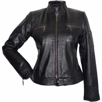 The front view of a black leather motorcycle jacket. Indulge in luxury with a natural leather blazer. Soft and comfortable, it features practical pockets and a classic button closure. premium product, free return world wide