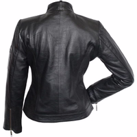 The rear view of a premium classic leather outfit. Add a touch of grace to your look with a lamb Nappa leather blazer. Designed for everyday wear, it features a classic button closure and practical pockets. Order now for fast and free delivery!