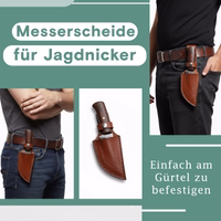 Braune Leder-Messerscheide mit Gürtelschlaufe auf der Rückseite, Seitenansicht mit Befestigungsdetail