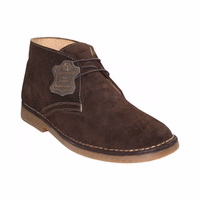 Front view of dark brown moccasin shoes, featuring lace-up ankle design. Crafted from genuine cowhide leather, these half-shaft boots are hand-sewn with a lace fastener and a round toe cap, complemented by a sturdy block heel.