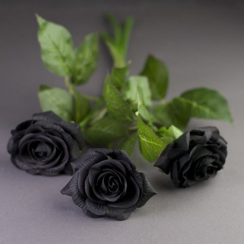 künstliche schwarze Rose, Gothic Rose für schwarze Romantik, mit grünem