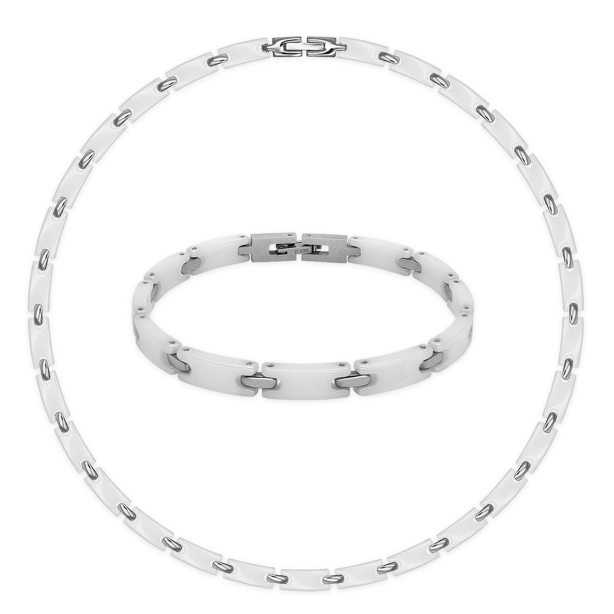 Set Collier und Armband aus Keramik und Edelstahl in weiß silber