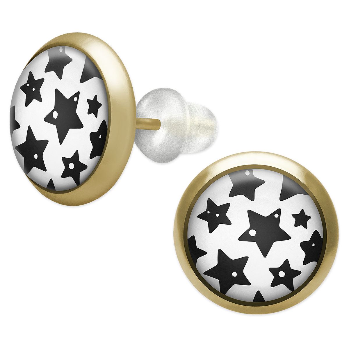 Orecchini A Stella In Argento E Nero, Paio, Acciaio Inossidabile, Misura 8 Mm, Per Donna E Ragazza