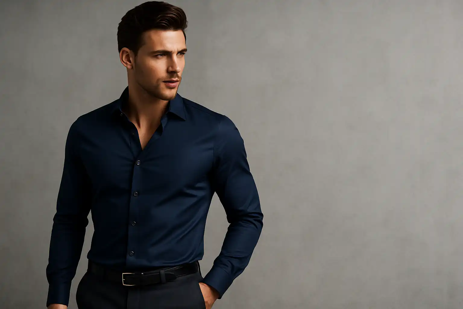 Herrenmodell in einem dunkelblauen Slim-Fit Hemd von Olymp oder Marvelis – stilvolles Business-Hemd für moderne Männer