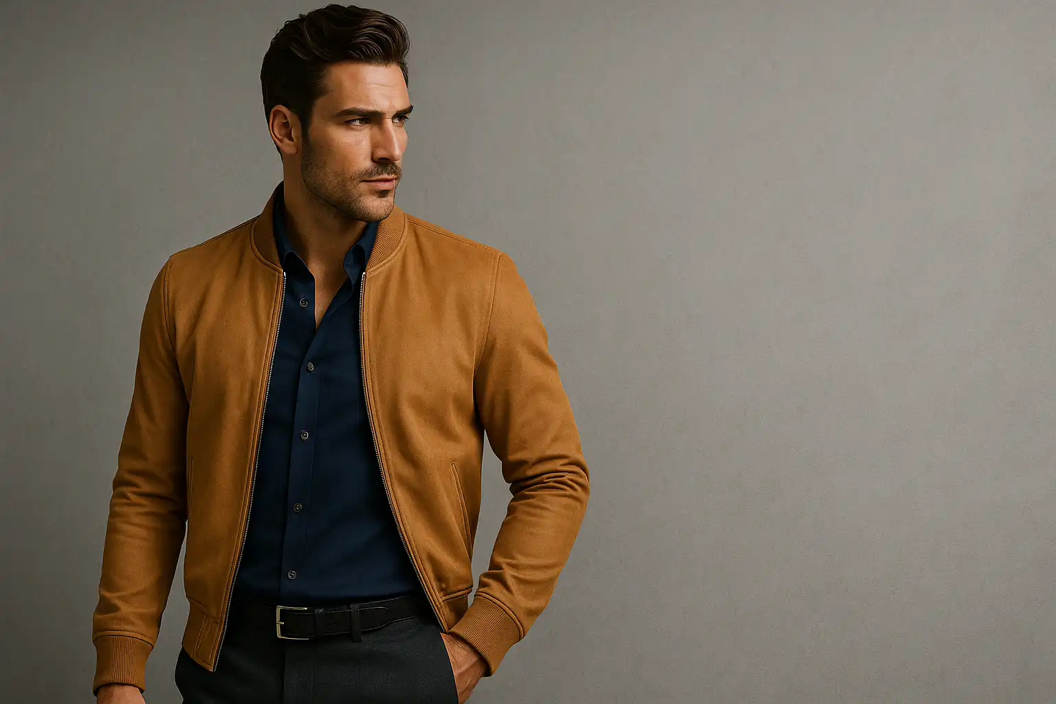 Herrenmodell in einem dunkelblauen Hemd von Olymp oder Marvelis kombiniert mit einer braunen Milestone Lederjacke – stilvolle Herrenmode für Business und Freizeit