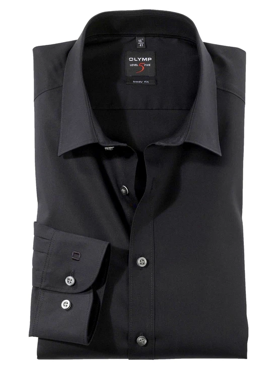 OLYMP Level Five Comfort Stretch Body Fit Hemd schwarz – einfarbiges Herrenhemd mit perfektem Sitz und elastischem Material