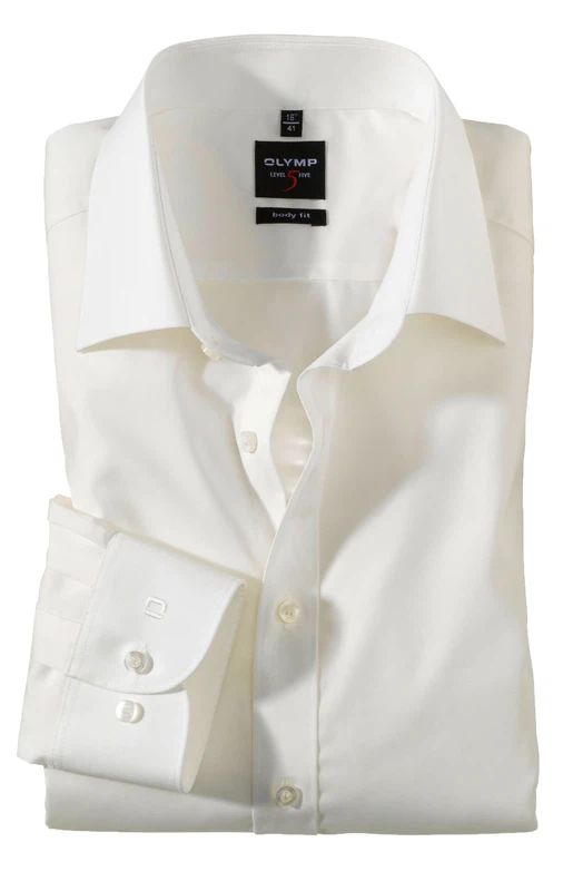 OLYMP Level Five Comfort Stretch Herrenhemd in Creme, Langarm – body fit, stretchfähig (97 % Baumwolle, 3 % Elastolefin), ideal für Hochzeiten & formelle Anlässe.