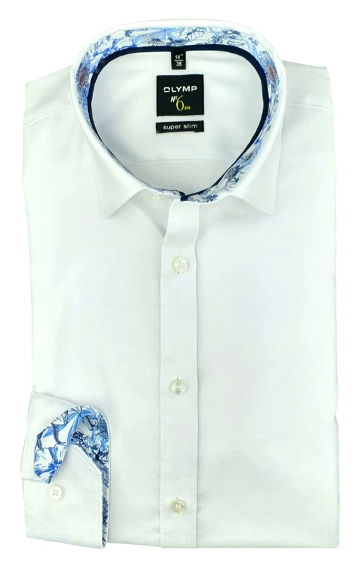 OLYMP No. 6 Six super slim Langarmhemd weiß, Ausstattung in blau-weiß