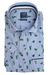 OLYMP Casual Herren Freizeithemd – Modern Fit | Blau mit Streifen & Kaktus-Muster | Kurzarm OLYMP Casual Herren Freizeithemd – Modern Fit | Blau mit Streifen & Kaktus-Muster | Kurzarm