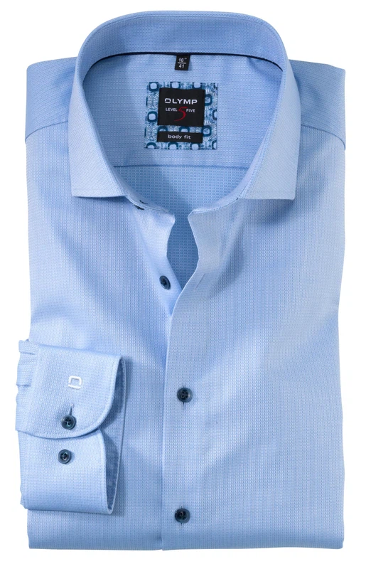 OLYMP Level Five Comfort Stretch Body Fit Herrenhemd in Hellblau, Langarm, mit Kentkragen und dezentem Muster – bügelfrei, atmungsaktiv, ideal für Business und Freizeit.