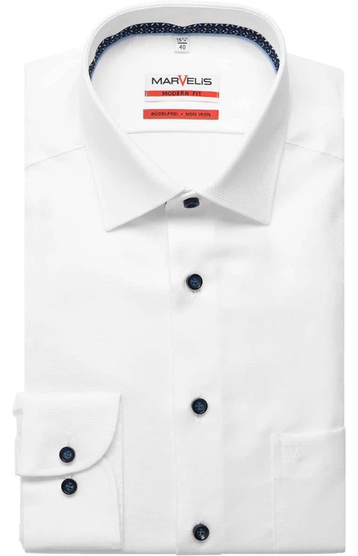 Marvelis Modern Fit Langarmhemd- Weiß mit Struktur & Blauen Knöpfen
