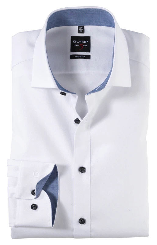 OLYMP Level Five Body Fit Herrenhemd – Langarm | Weiß mit blauer Ausstattung | Comfort Stretch