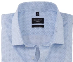OLYMP No. 6 Six Super Slim Langarmhemd, Hellblau mit feinem Muster OLYMP No. 6 Six Super Slim Herrenhemd in Hellblau mit feinem Muster, Langarm – bügelfrei, stretchfähig (97 % Baumwolle, 3 % Elastolefin), ideal für Business & Freizeit. Kragen